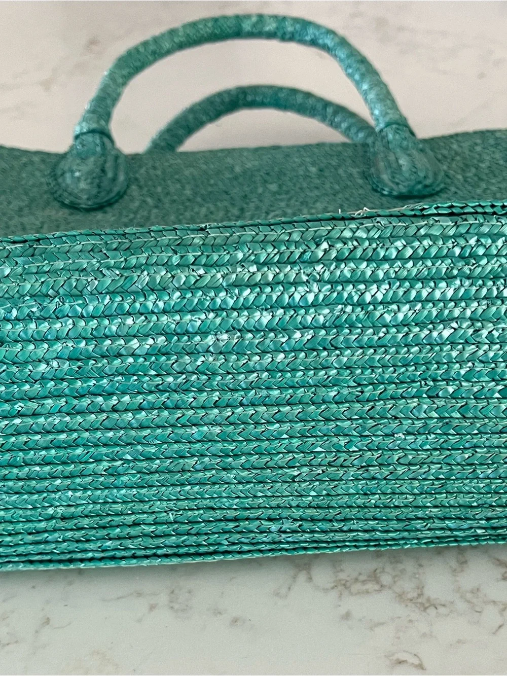 Turquoise Woven Straw Handbag Aqua Natural Straw Purse Zip Top Summer Bag - Picture 4 of 9